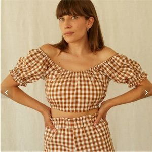 Lykke Wullf Clementine Cropped Off The Shoulder Top in Copper Gingham